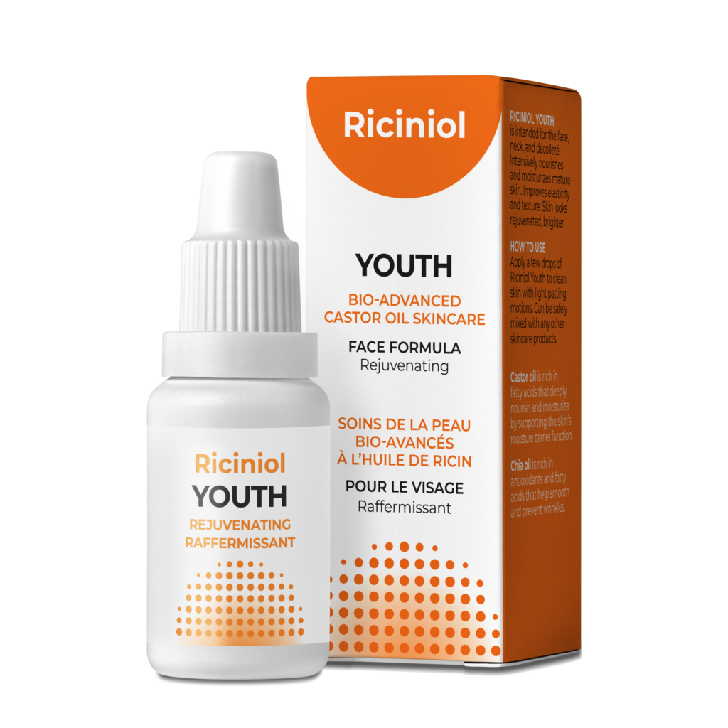 Riciniol youth castor oil facial blend with chia seed and yland ylang hexane free cold pressed
